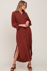 Rust Button Down 3/4 Sleeve Maternity Midi Dress