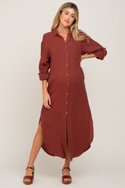 Rust Button Down 3/4 Sleeve Maternity Midi Dress