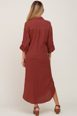 Rust Button Down 3/4 Sleeve Maternity Midi Dress