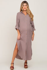 Taupe Button Down 3/4 Sleeve Maternity Midi Dress