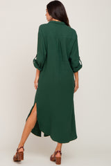 Forest Green Button Down 3/4 Sleeve Maternity Midi Dress