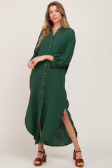 Forest Green Button Down 3/4 Sleeve Maternity Midi Dress