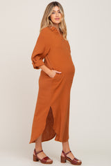 Camel Button Down 3/4 Sleeve Maternity Midi Dress