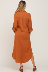 Camel Button Down 3/4 Sleeve Maternity Midi Dress