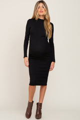 Black Ribbed Fitted Mock Neck Long Sleeve Maternity Dress