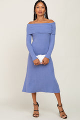 Blue Ribbed Knit Foldover Off Shoulder Maternity Midi Dress