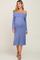 Blue Ribbed Knit Foldover Off Shoulder Maternity Midi Dress