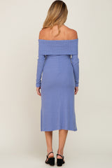 Blue Ribbed Knit Foldover Off Shoulder Maternity Midi Dress