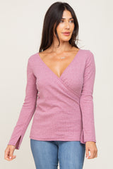 Mauve Ribbed Long Sleeve Wrap Maternity Nursing Top