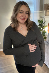 Charcoal Ribbed Long Sleeve Wrap Maternity Nursing Top