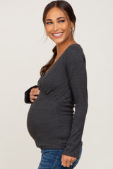 Charcoal Ribbed Long Sleeve Wrap Maternity Nursing Top