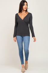 Charcoal Ribbed Long Sleeve Wrap Nursing Top