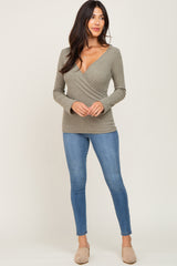 Olive Ribbed Long Sleeve Wrap Nursing Top