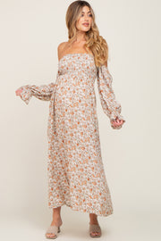 Taupe Floral Off Shoulder Long Sleeve Maternity Maxi Dress