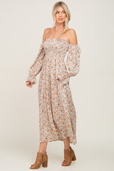 Taupe Floral Off Shoulder Long Sleeve Maxi Dress