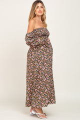 Black Floral Off Shoulder Long Sleeve Maternity Maxi Dress