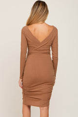 Mocha Ribbed Knit Ruched Wrap Fitted Maternity Dress