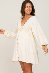 Beige Crochet Lace Button Front Maternity Dress