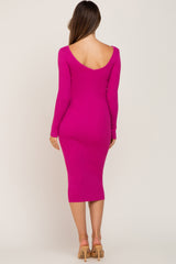 Fuchsia Knit Ribbed Maternity Midi Dress