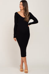 Black Knit Ribbed Maternity Midi Dress