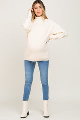 Cream Button Accent Turtleneck Maternity Sweater