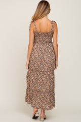 Camel Floral Sleeveless Tiered Maternity Maxi Dress