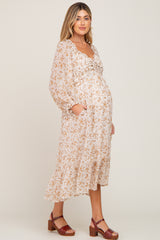 Ivory Floral Chiffon Ruffle Maternity Maxi Dress