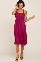 Magenta Smocked Ruffle Strap Midi Dress