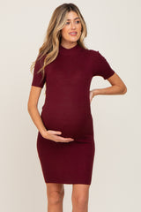 Burgundy Ribbed Mock Neck Maternity Dress