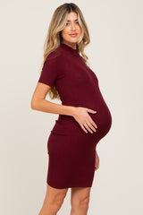 Burgundy Ribbed Mock Neck Maternity Dress