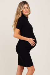 Black Ribbed Mock Neck Maternity Dress