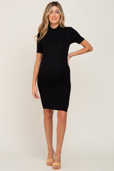 Black Ribbed Mock Neck Maternity Dress