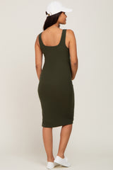 Olive Rib Knit Side Slit Maternity Midi Dress