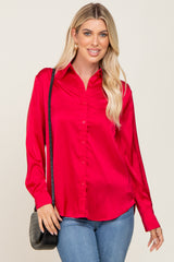 Red Satin Button Down Long Sleeve Maternity Top