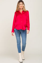 Red Satin Button Down Long Sleeve Maternity Top