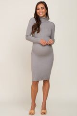 Grey Rib Knit Turtleneck Maternity Sweater Dress