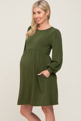 Olive Terry Knit Long Sleeve Maternity Dress