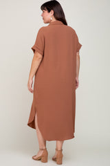 Mocha Button Down Hi Low Plus Maxi Dress