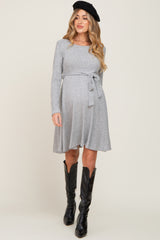 Heather Grey Soft Rib Knit Sash Tie Maternity Dress