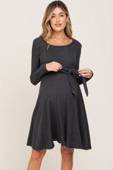 Charcoal Soft Rib Knit Sash Tie Maternity Dress