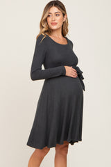 Charcoal Soft Rib Knit Sash Tie Maternity Dress