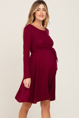 Burgundy Soft Rib Knit Sash Tie Maternity Dress