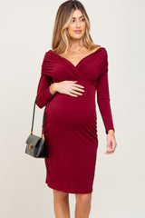 Burgundy Ruched Off Shoulder Long Sleeve Maternity Dress