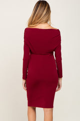 Burgundy Ruched Off Shoulder Long Sleeve Maternity Dress