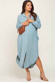 Sage Button Down Front Pocket Maternity Midi Dress