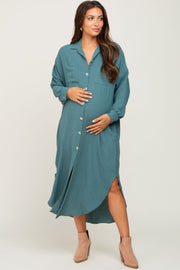 Teal Button Down Front Pocket Maternity Midi Dress