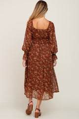 Brown Floral Chiffon Smocked Waist Maternity Midi Dress