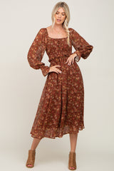 Brown Floral Chiffon Smocked Waist Midi Dress