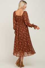 Brown Floral Chiffon Smocked Waist Midi Dress