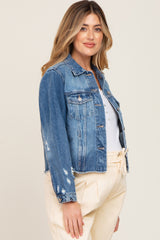 Navy Blue Distressed Cropped Maternity Denim Jacket